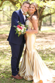 Sparkly Gold Satin Beaded Mermaid Long Formal Dress