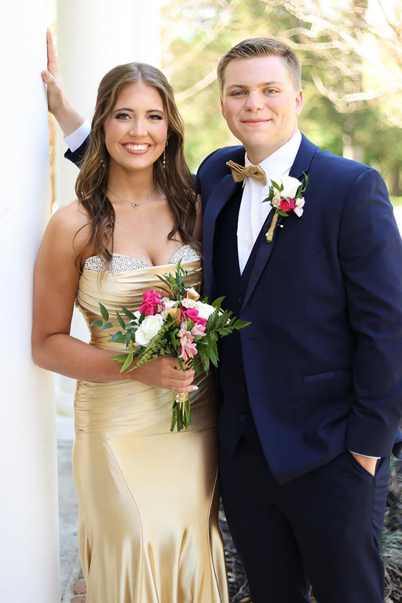 Load image into Gallery viewer, Sparkly Gold Satin Beaded Mermaid Long Formal Dress