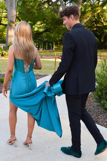 Sparkly Turquoise Satin Beaded Corset Formal Dress with Slit