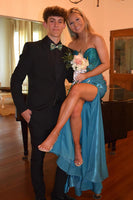 Load image into Gallery viewer, Sparkly Turquoise Satin Beaded Corset Formal Dress with Slit