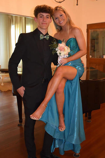 Sparkly Turquoise Satin Beaded Corset Formal Dress with Slit