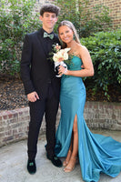 Load image into Gallery viewer, Sparkly Turquoise Satin Beaded Corset Formal Dress with Slit