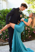 Load image into Gallery viewer, Sparkly Turquoise Satin Beaded Corset Formal Dress with Slit