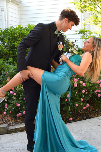 Sparkly Turquoise Satin Beaded Corset Formal Dress with Slit