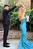 Load image into Gallery viewer, Sparkly Turquoise Satin Beaded Corset Formal Dress with Slit