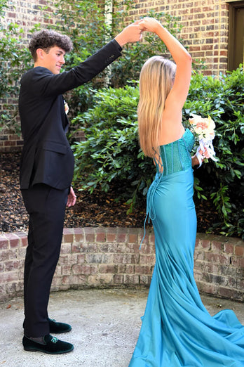 Sparkly Turquoise Satin Beaded Corset Formal Dress with Slit