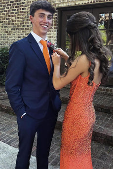 Sparkly Orange Corset Satin Sheath Formal Dress with Beading