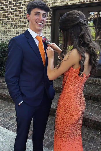 Sparkly Orange Corset Satin Sheath Formal Dress with Beading