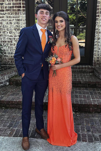 Sparkly Orange Corset Satin Sheath Formal Dress with Beading