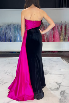 Black Fuchsia Strapless Satin Long Formal Dress with Slit