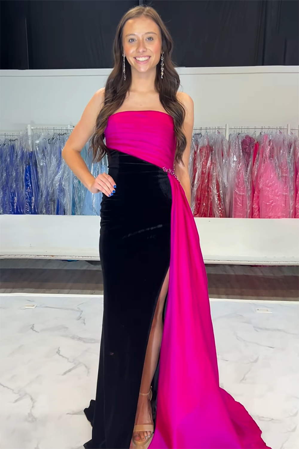Black Fuchsia Strapless Satin Long Formal Dress with Slit