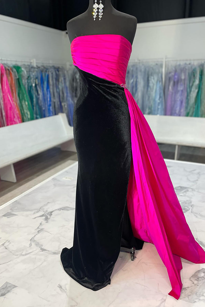 Load image into Gallery viewer, Black Fuchsia Strapless Satin Long Formal Dress with Slit