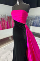 Load image into Gallery viewer, Black Fuchsia Strapless Satin Long Formal Dress with Slit