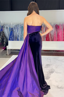 Load image into Gallery viewer, Black Fuchsia Strapless Satin Long Formal Dress with Slit