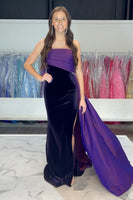 Load image into Gallery viewer, Black Fuchsia Strapless Satin Long Formal Dress with Slit