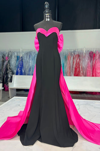 Black Fuchsia Mermaid Satin Long Formal Dress with Bow