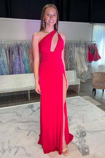 Red Sheath Satin One Shoulder Long Formal Dress with Slit