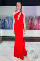 Load image into Gallery viewer, Red Sheath Satin One Shoulder Long Formal Dress with Slit