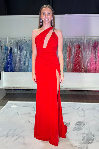 Red Sheath Satin One Shoulder Long Formal Dress with Slit