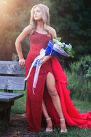 Load image into Gallery viewer, Sparkly Red Sheath Beaded Corset Formal Dress with Slit