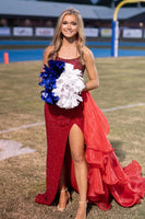 Load image into Gallery viewer, Sparkly Red Sheath Beaded Corset Formal Dress with Slit