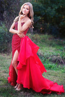 Load image into Gallery viewer, Sparkly Red Sheath Beaded Corset Formal Dress with Slit