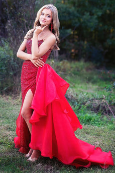 Sparkly Red Sheath Beaded Corset Formal Dress with Slit