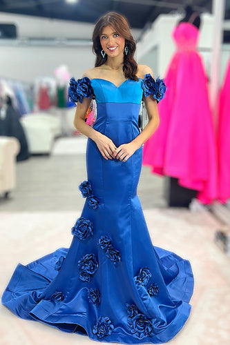 Royal Blue Satin Mermaid Floral Formal Dress