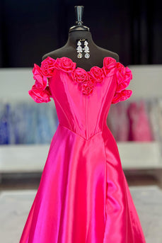 Fuchsia Satin Floral A Line Corset Formal Dress