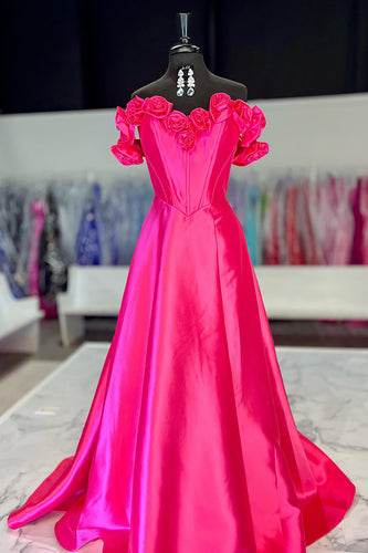 Fuchsia Satin Floral A Line Corset Formal Dress