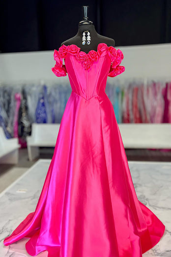 Fuchsia Satin Floral A Line Corset Formal Dress