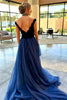 Load image into Gallery viewer, Navy Long Off the Shoulder Formal Dress with Side Cape