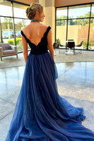 Load image into Gallery viewer, Navy Long Off the Shoulder Formal Dress with Side Cape
