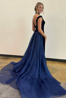 Navy Long Off the Shoulder Formal Dress with Side Cape