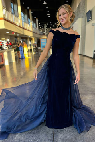 Navy Long Off the Shoulder Formal Dress with Side Cape