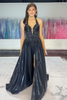 Load image into Gallery viewer, Sparkly Black Corset Metallic Formal Dress with Slit