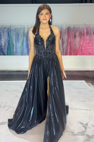 Sparkly Black Corset Metallic Formal Dress with Slit