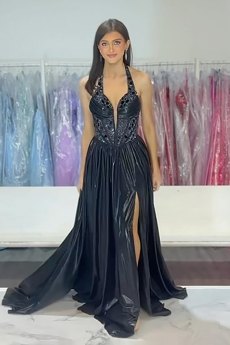 Load image into Gallery viewer, Sparkly Black Corset Metallic Formal Dress with Slit