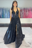 Load image into Gallery viewer, Sparkly Black Corset Metallic Formal Dress with Slit