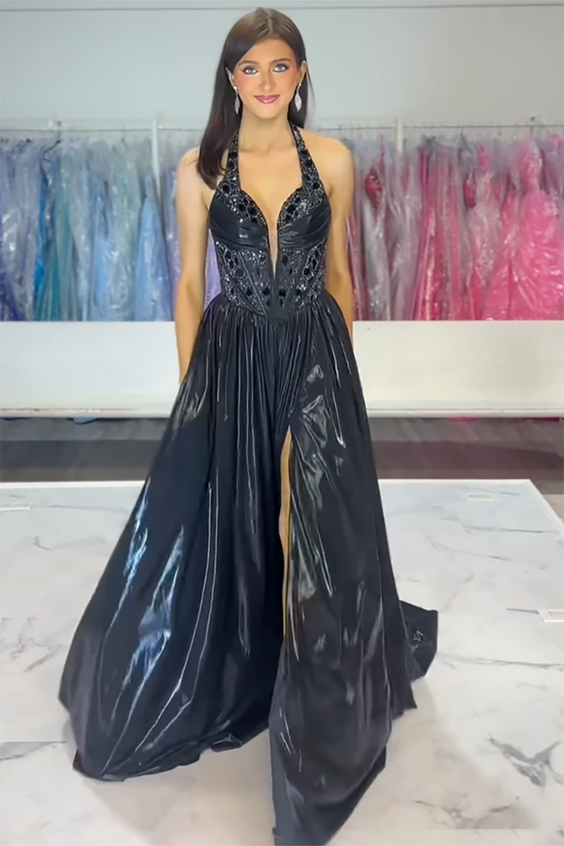 Load image into Gallery viewer, Sparkly Black Corset Metallic Formal Dress with Slit