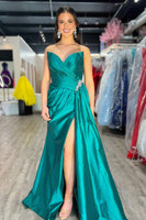 Load image into Gallery viewer, Emerald Green A Line Sweetheart Satin Formal Dress with Slit