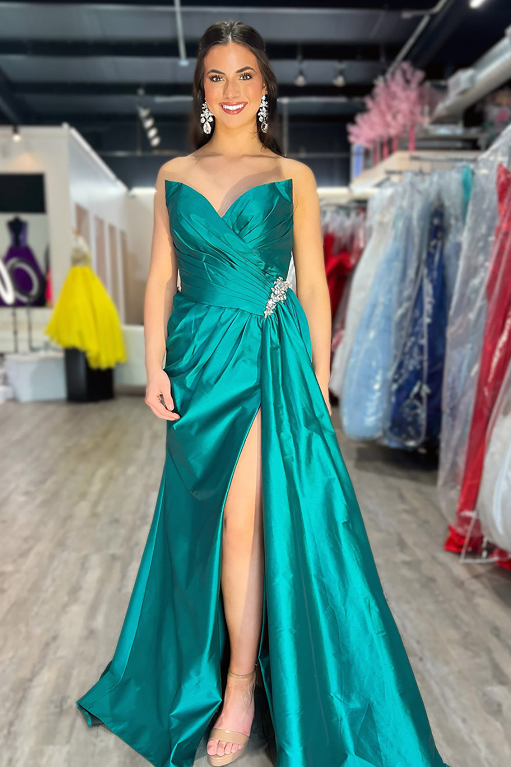 Emerald Green A Line Sweetheart Satin Formal Dress with Slit