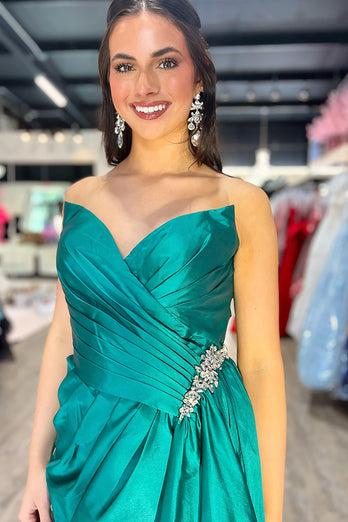Emerald Green A Line Sweetheart Satin Formal Dress with Slit