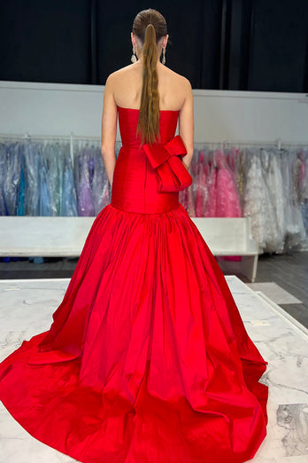 Red Mermaid Strapless Satin Formal Dress with Bow
