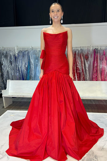 Red Mermaid Strapless Satin Formal Dress with Bow