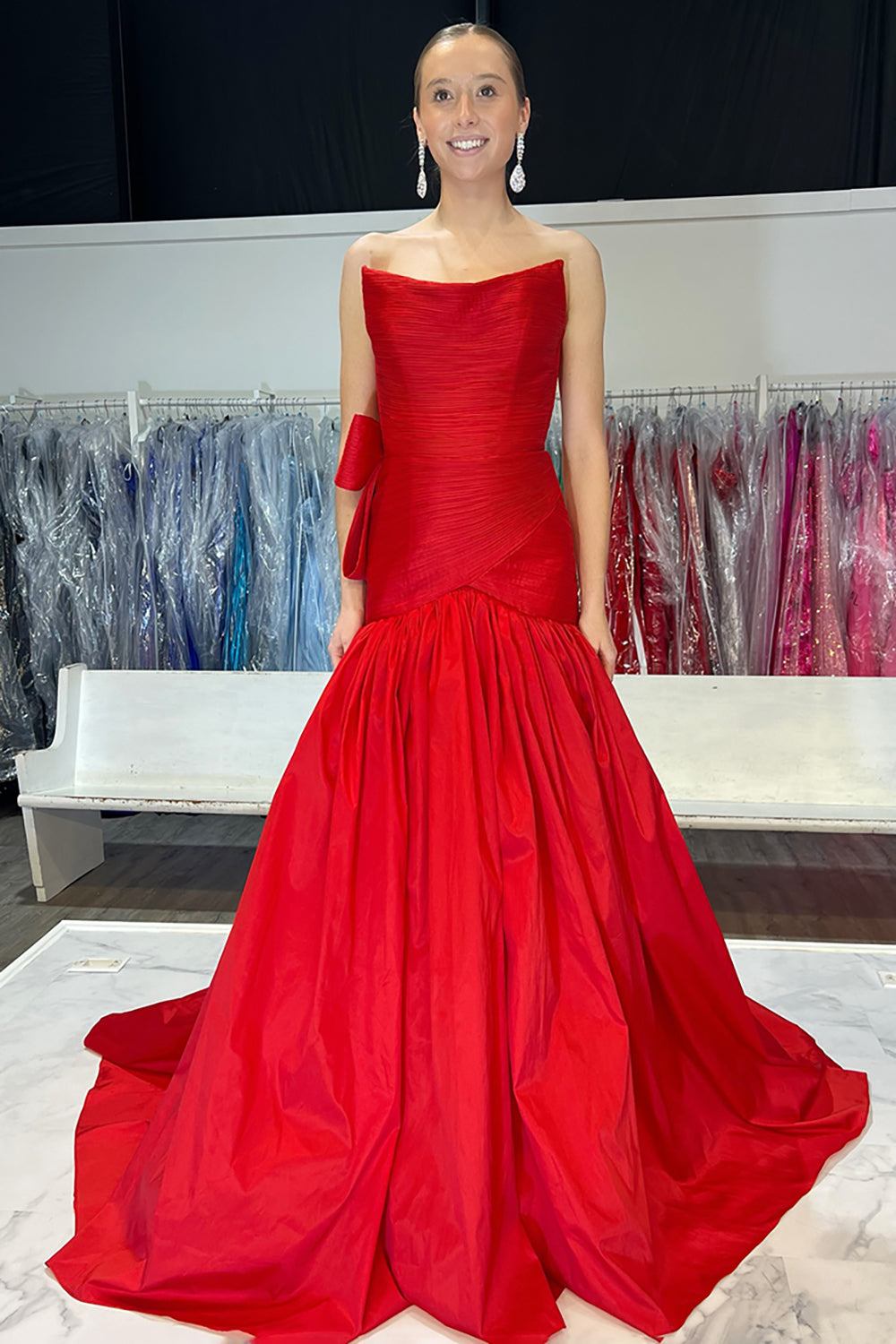 Red Mermaid Strapless Satin Formal Dress with Bow