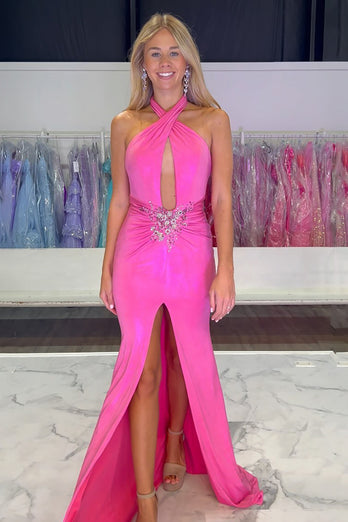 Fuchsia Cut Out Sheath Long Formal Dress with Slit