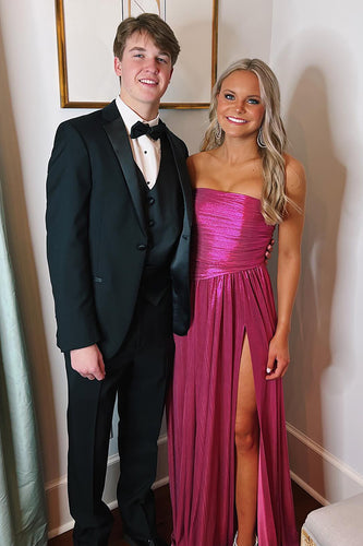 Sparkly Fuchsia Metallic Sheath Pleated Formal Dress with Slit