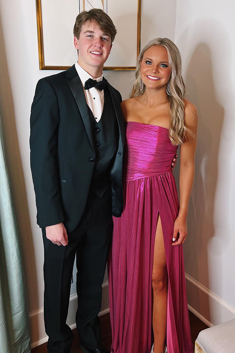 Load image into Gallery viewer, Sparkly Fuchsia Metallic Sheath Pleated Formal Dress with Slit