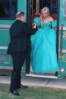 Load image into Gallery viewer, Sparkly Peacock Green A Line Corset Formal Dress with Beading